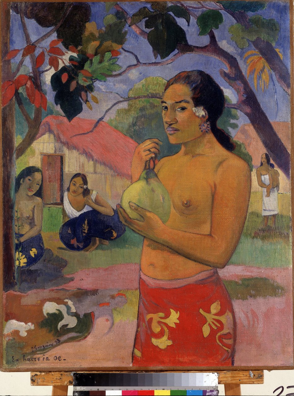 ""Eu haere ia oe"" Minne olet menossa? (Nainen kädessään hedelmää. Minne olet menossa?) (Tahitilainen nainen kädessään hedelmää) Paul Gauguinin (1848-1903) maalaus. Öljy kankaalle. Post-impressionismi. 1893. Mitat 92 x 73 cm Eremitaaši, Pietari (Saint-Pete tekijältä Paul Gauguin