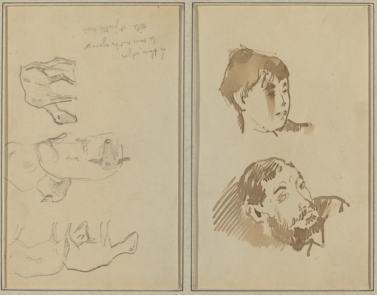 Viisi lammasta; Naisen pää ja parrakkaan miehen pää [recto] tekijältä Paul Gauguin