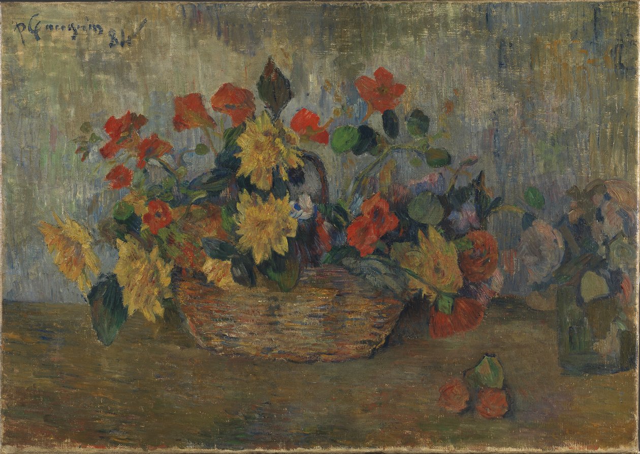 French: Capucines et dahlias dans une corbeille, ou Corbeille de fleurs Nasturtiums and Dahlias in a Basket (Nasturtium ja Dahliat korissa). tekijältä Paul Gauguin