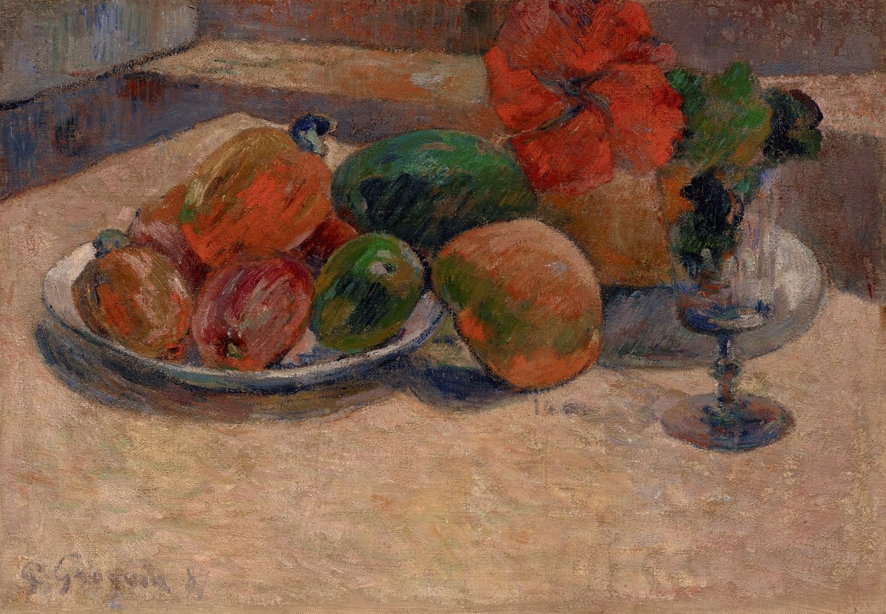 Ranskalainen:  Hibiskuskukka: Nature morte aux mangos et à la fleur d