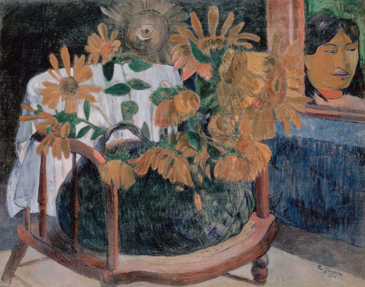 Ranska: Nature morte avec des tournesols sur un fauteuil (II) Auringonkukat tekijältä Paul Gauguin