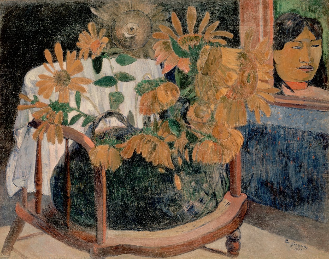 Ranska: Nature morte avec des tournesols sur un fauteuil (II) Auringonkukat tekijältä Paul Gauguin