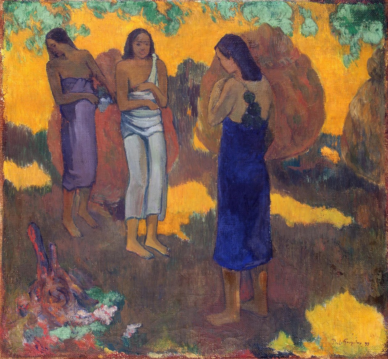 Ranskalainen:  Trois Tahitiennes sur fond jaune Kolme tahitilaista naista keltaista taustaa vasten. tekijältä Paul Gauguin