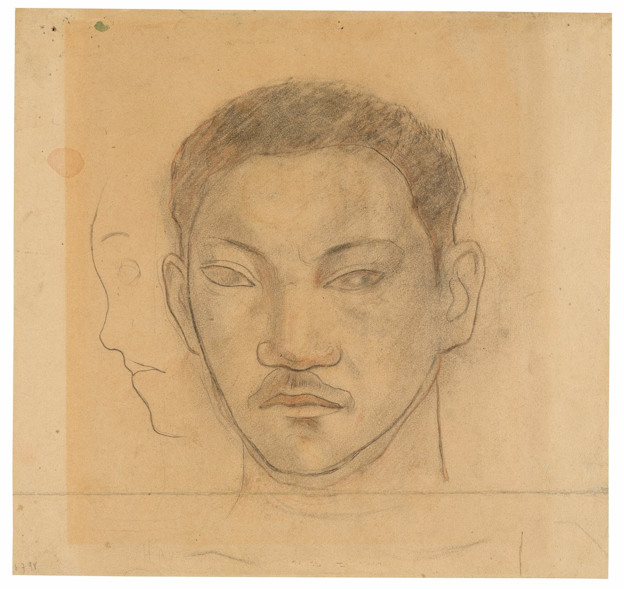 Tahitilaisen pää ja toisen pään profiili hänen oikealla puolellaan. tekijältä Paul Gauguin