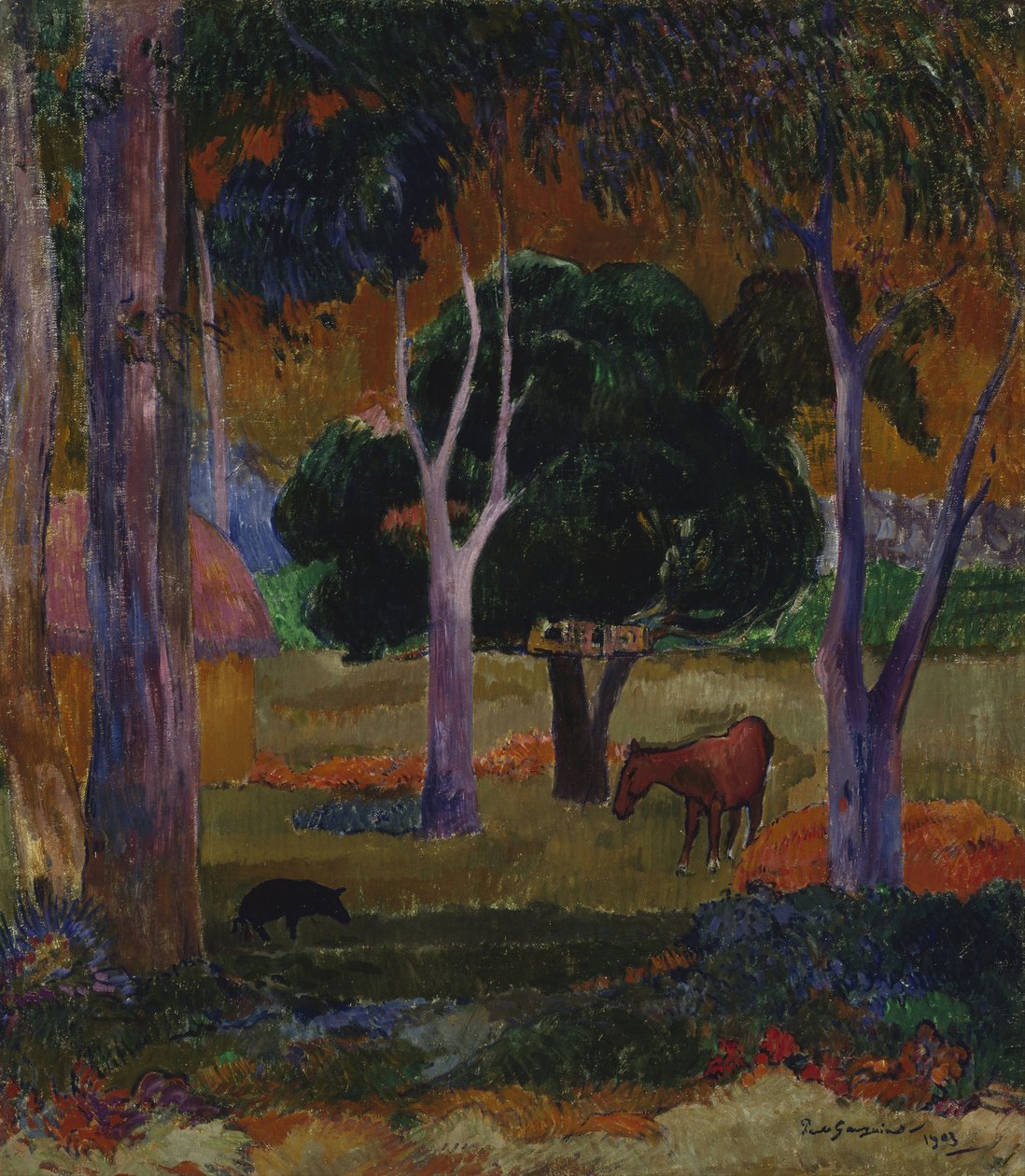 Hiva Oa Maisema sian ja hevosen kanssa tekijältä Paul Gauguin