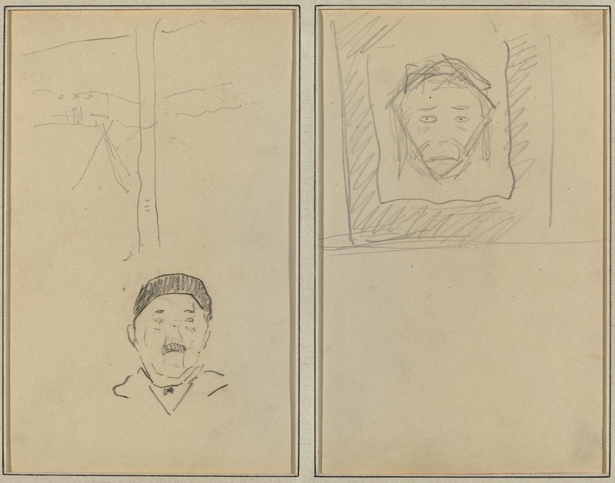 Maisema ja ihmisen pää; Apina neliön sisällä [recto] tekijältä Paul Gauguin