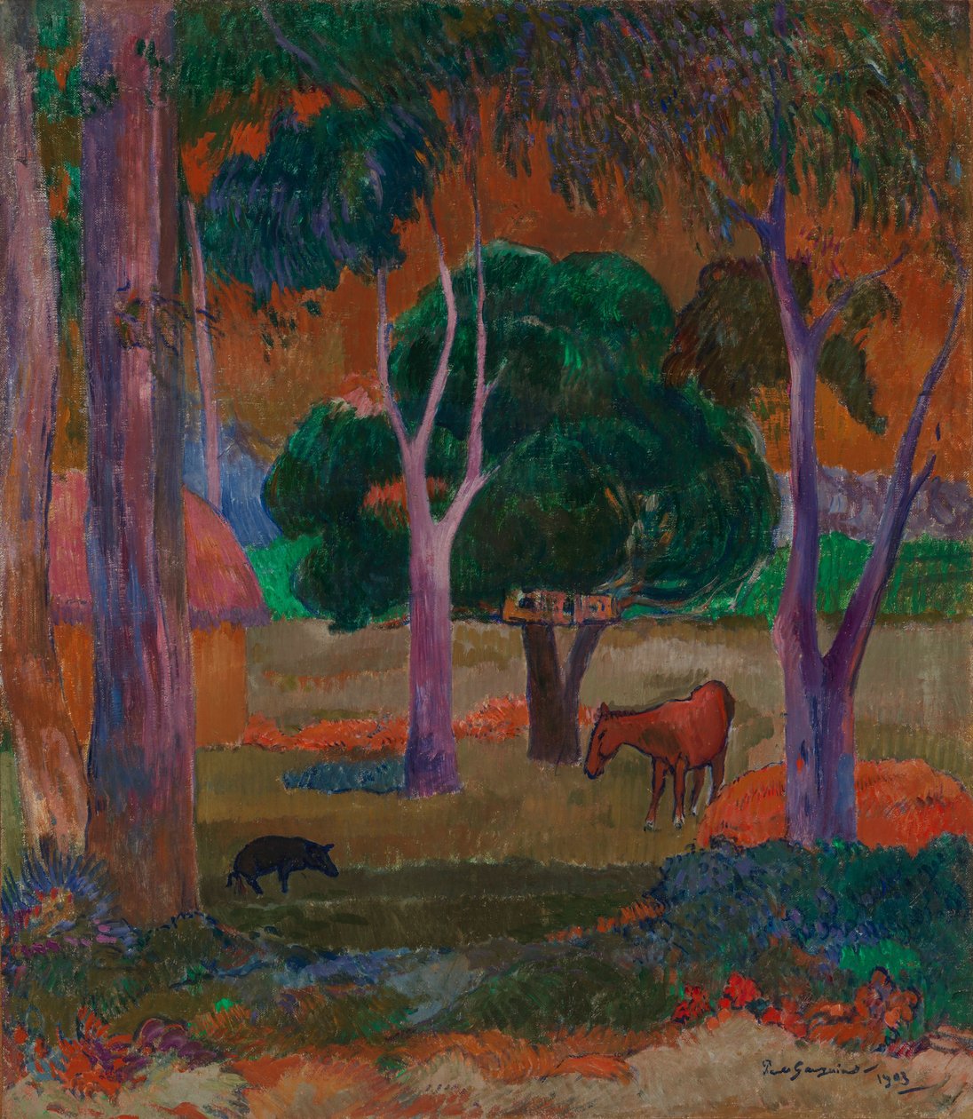 Maisema, jossa on sika ja hevonen (Hiva Oa) tekijältä Paul Gauguin