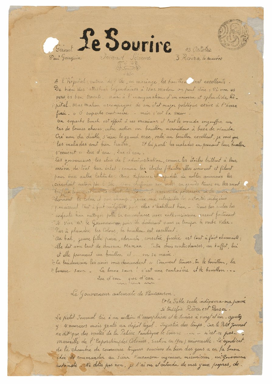 Le sourire: Journal sérieux, 13. lokakuuta 1899. tekijältä Paul Gauguin