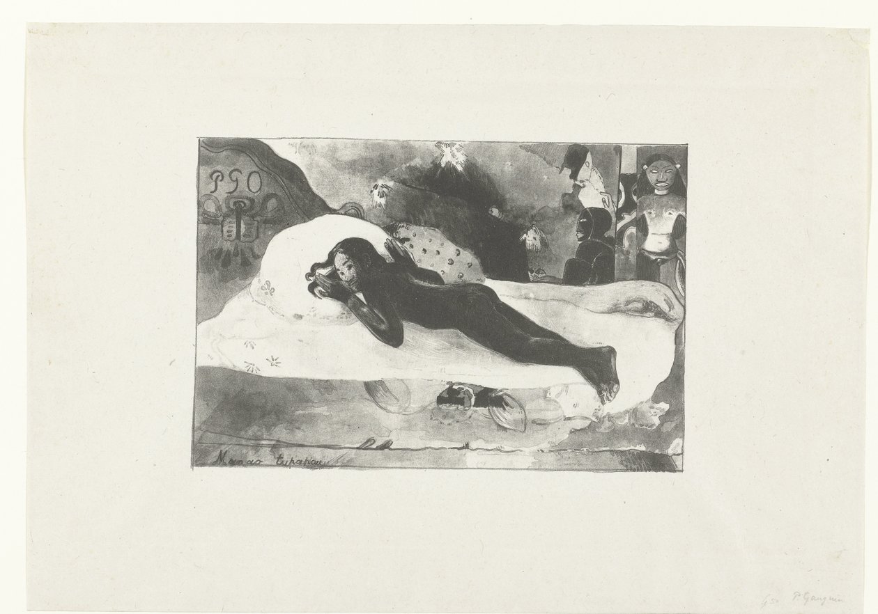 Makaava tyttö ja kuolleiden haamuja Kuolleiden haamujen näkemä Manao tupapau (otsikko esineessä) tekijältä Paul Gauguin