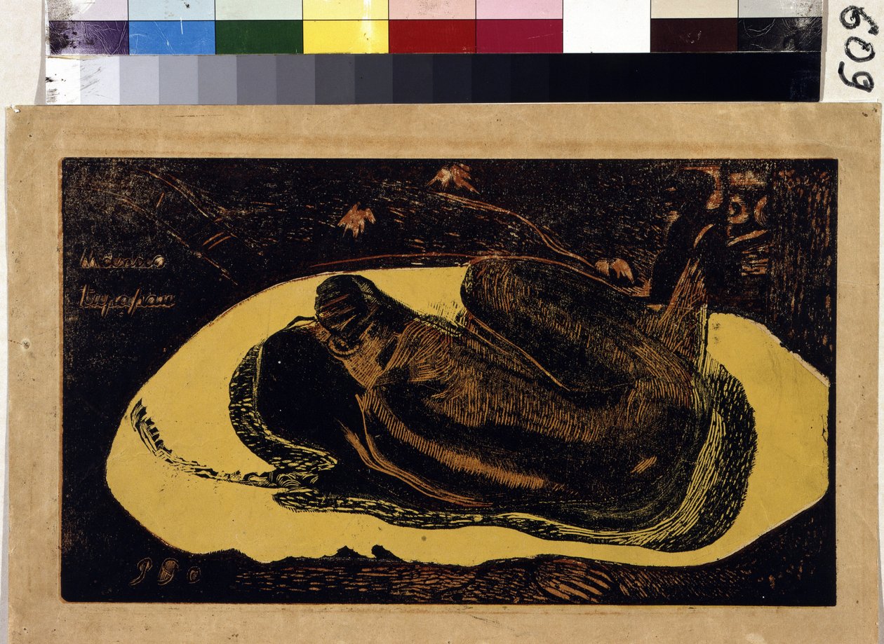 Manao Tupapau (Kuolleiden henki valvoo). Kaiverrus Paul Gauguin (1848-1903) tekijältä Paul Gauguin
