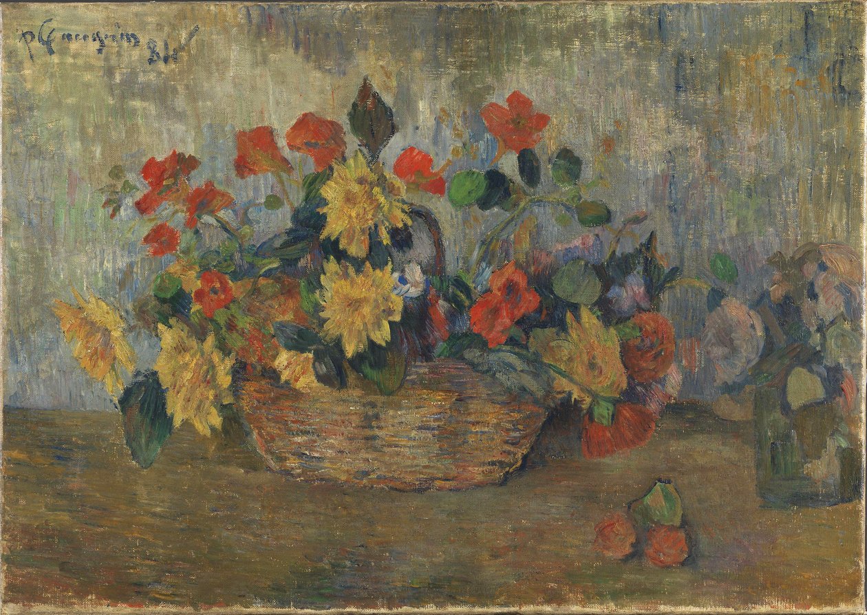 Nasturtiumit ja daaliat korissa tekijältä Paul Gauguin