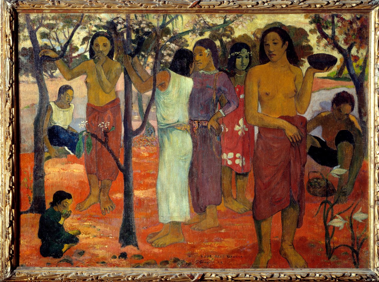 Nave nave mahana (Herkulliset päivät). Tahitilaiset naiset puutarhassa. Paul Gauguinin (1848-1903) maalaus 1896 su. 0,94 x 1,3 m Lyon, museo des Beaux Arts - Nave Nave Mahana, joka tunnetaan myös nimellä "" Delicious Day"". Ryhmä tahitilaisia naisia puutar tekijältä Paul Gauguin