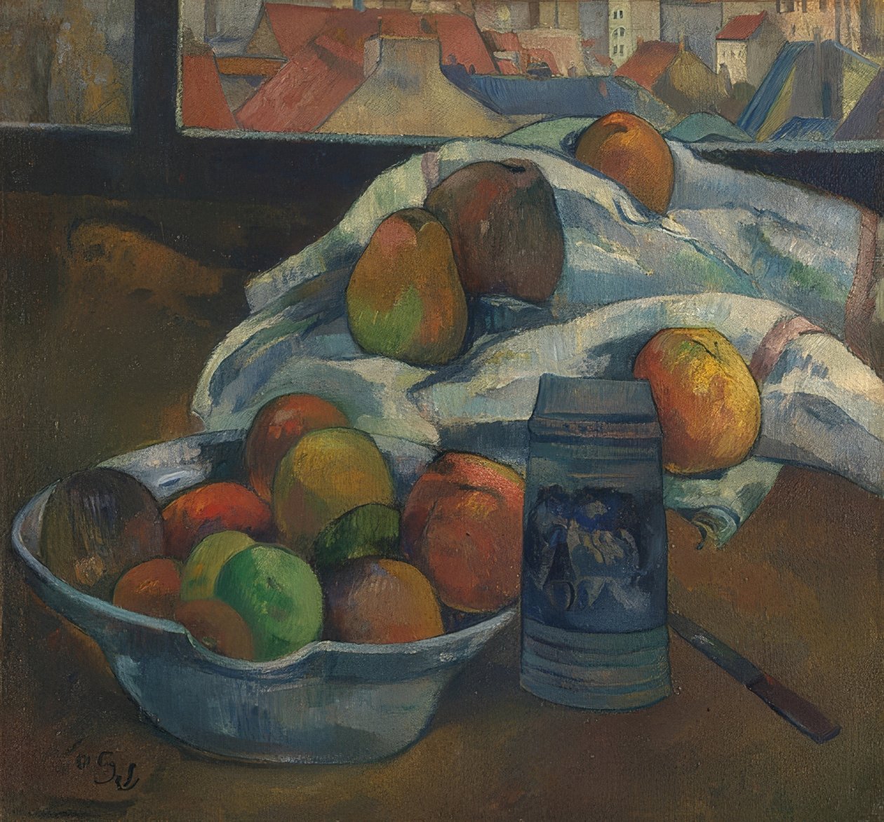 Hedelmäkulho ja kannu ikkunan edessä. Varmaan 1890 tekijältä Paul Gauguin