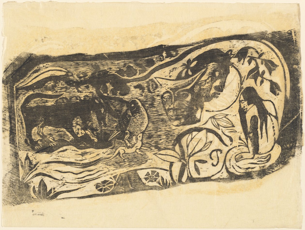 Lautas, jossa on sarvipaholaisen pää Planche au diable cornu, vuonna 1895 tai sen jälkeen. tekijältä Paul Gauguin