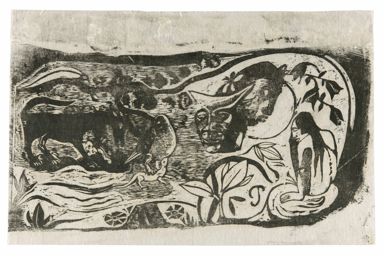 Lautanen, jossa on sarvipäinen paholaisen pää, sarjasta Late Wood-Block Prints tekijältä Paul Gauguin
