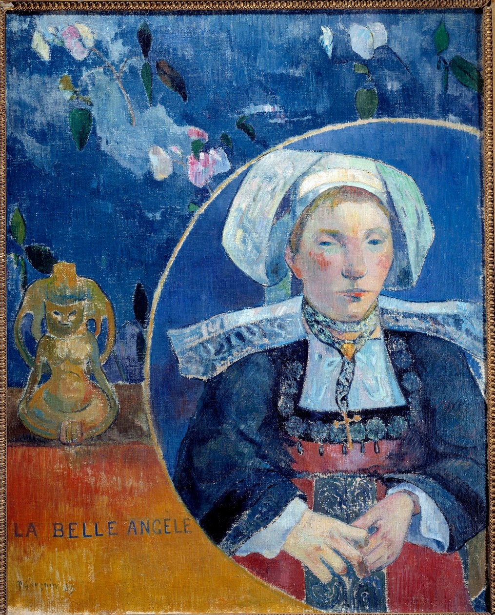 Kauniin Angele A Bretonnen muotokuva perinteisissä asuissa - Madame de Satren (1868-1932) muotokuva Pont Avenissa (Pont-Aven) - Paul Gauguinin (1848-1903) maalaus 1889 Aurinko 0,92 x 0,73 m Pariisi, museo d
