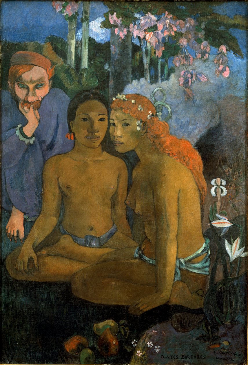Alkukantaisia tarinoita. Nuoret tahitilaiset ja hollantilaista alkuperää oleva ranskalainen runoilija Jacob Meyer de Haan (Meijer de Hann) (1852-1895). Paul Gauguinin maalaus (1848-1903) tekijältä Paul Gauguin