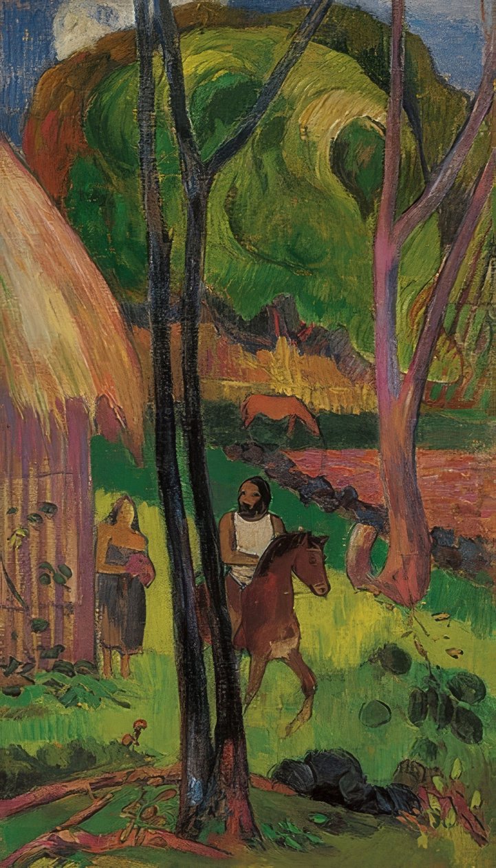 Ratsumiehet kotan edessä (Cavalier devant la case). 1902 tekijältä Paul Gauguin