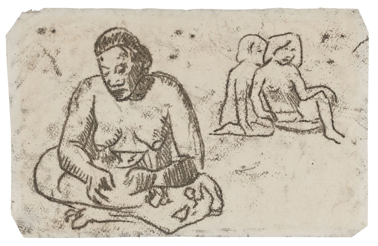 Istuva nainen (liittyy maalaukseen Sister of Charity), n. 1902 (siirtopiirros mustalla musteella norsunluun kudospaperille) tekijältä Paul Gauguin