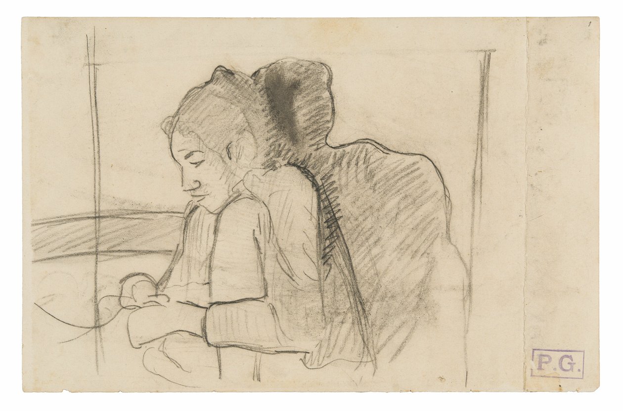 Istuva tahitilainen nainen (recto), luonnoksia kukoista ja kanoista (käänteinen) tekijältä Paul Gauguin