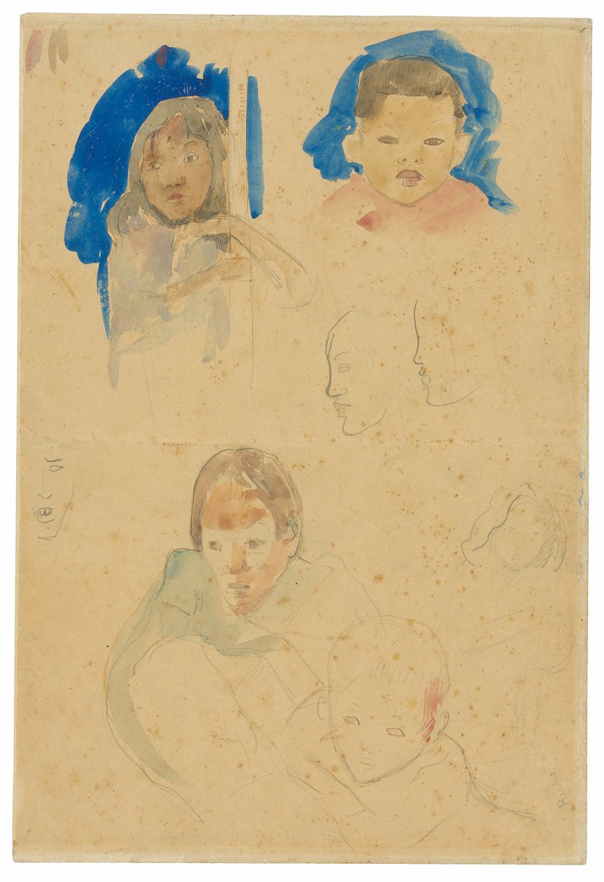 Luonnokset lapsista, naisesta ja profiileista (recto), luonnoksia hevosista ja lapsesta (käänteinen) tekijältä Paul Gauguin