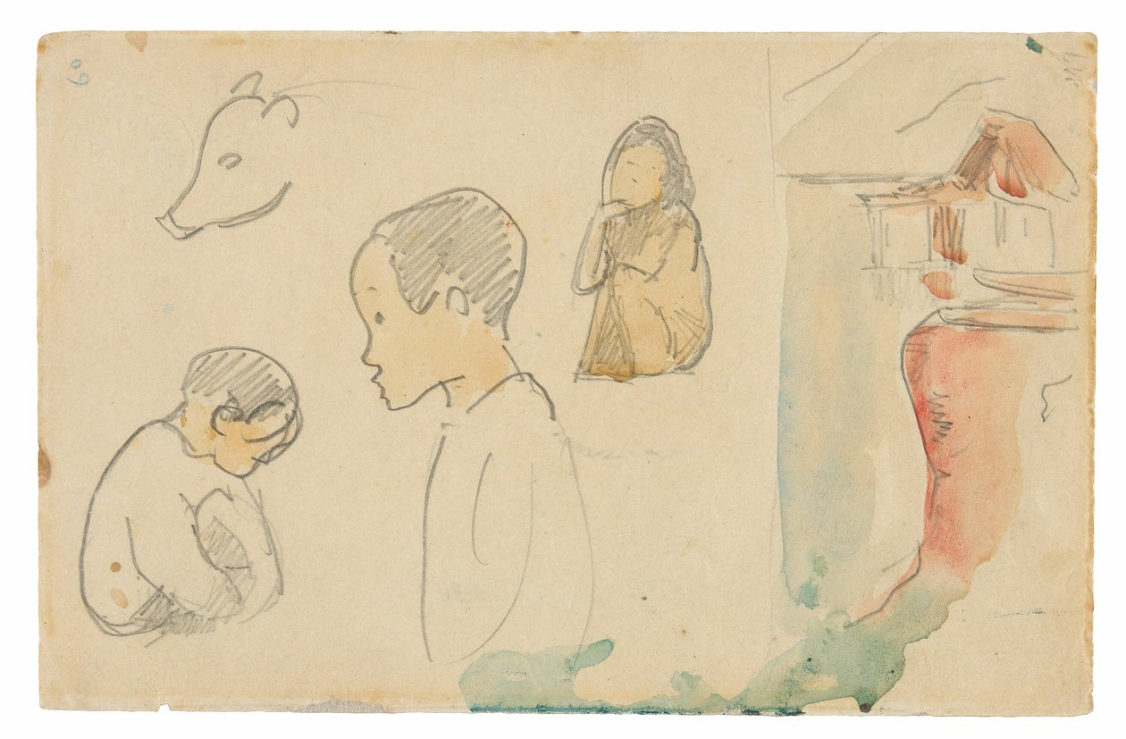 Luonnoksia kyyristyneistä ja seisovista hahmoista, sikasta ja kotasta veden äärellä tekijältä Paul Gauguin