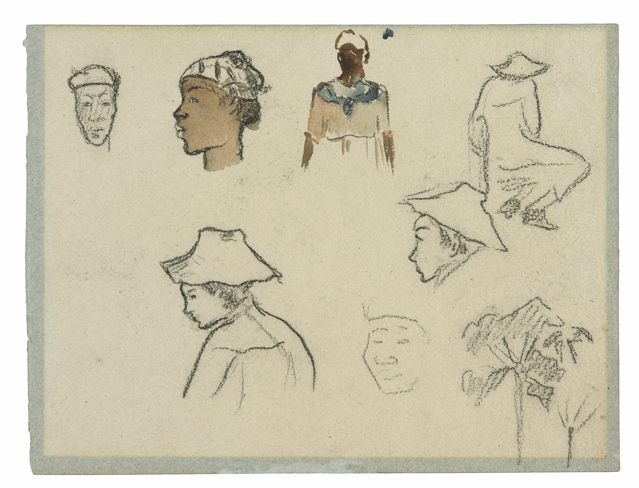 Figuurien ja lehtien luonnokset (recto); Charles Lavalin profiili palmuilla ja muilla luonnoksilla (käänteinen) tekijältä Paul Gauguin