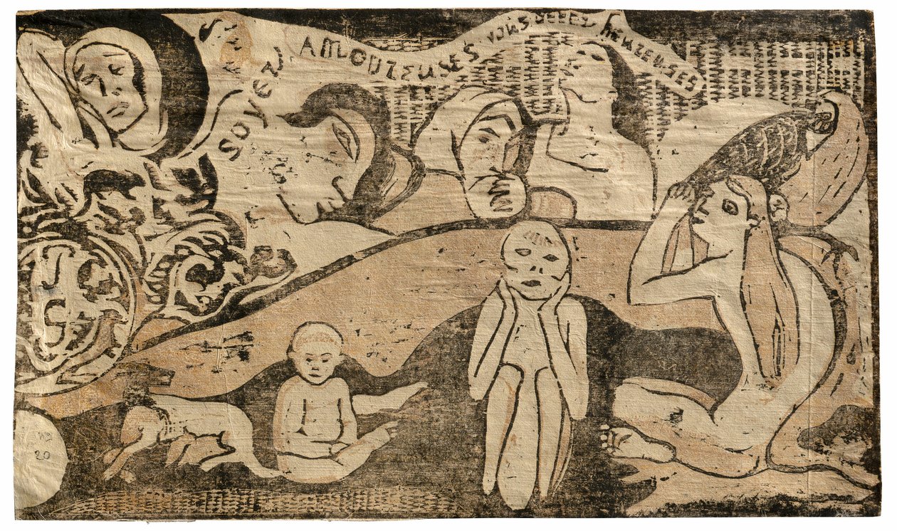 Rakasta ja tulet olemaan onnellinen Late Wood-Block Prints -sarjasta tekijältä Paul Gauguin