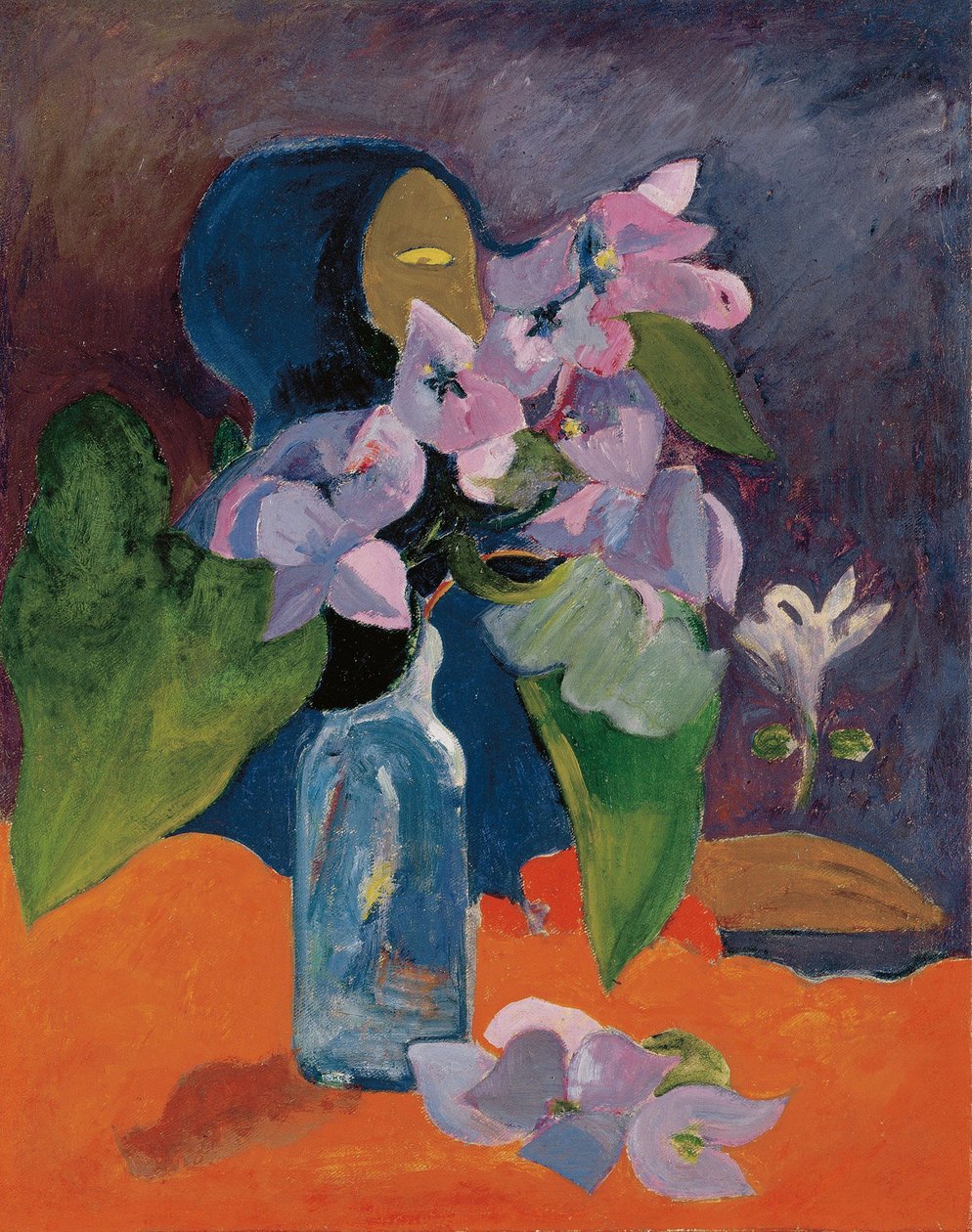 Gauguin, Paul Eugene Henri (1848-1903) asetelma kukkien ja idolin kanssa. Öljy kankaalle, n. 1892, Mitat: 40,3x32. Kunsthaus Züerich tekijältä Paul Gauguin