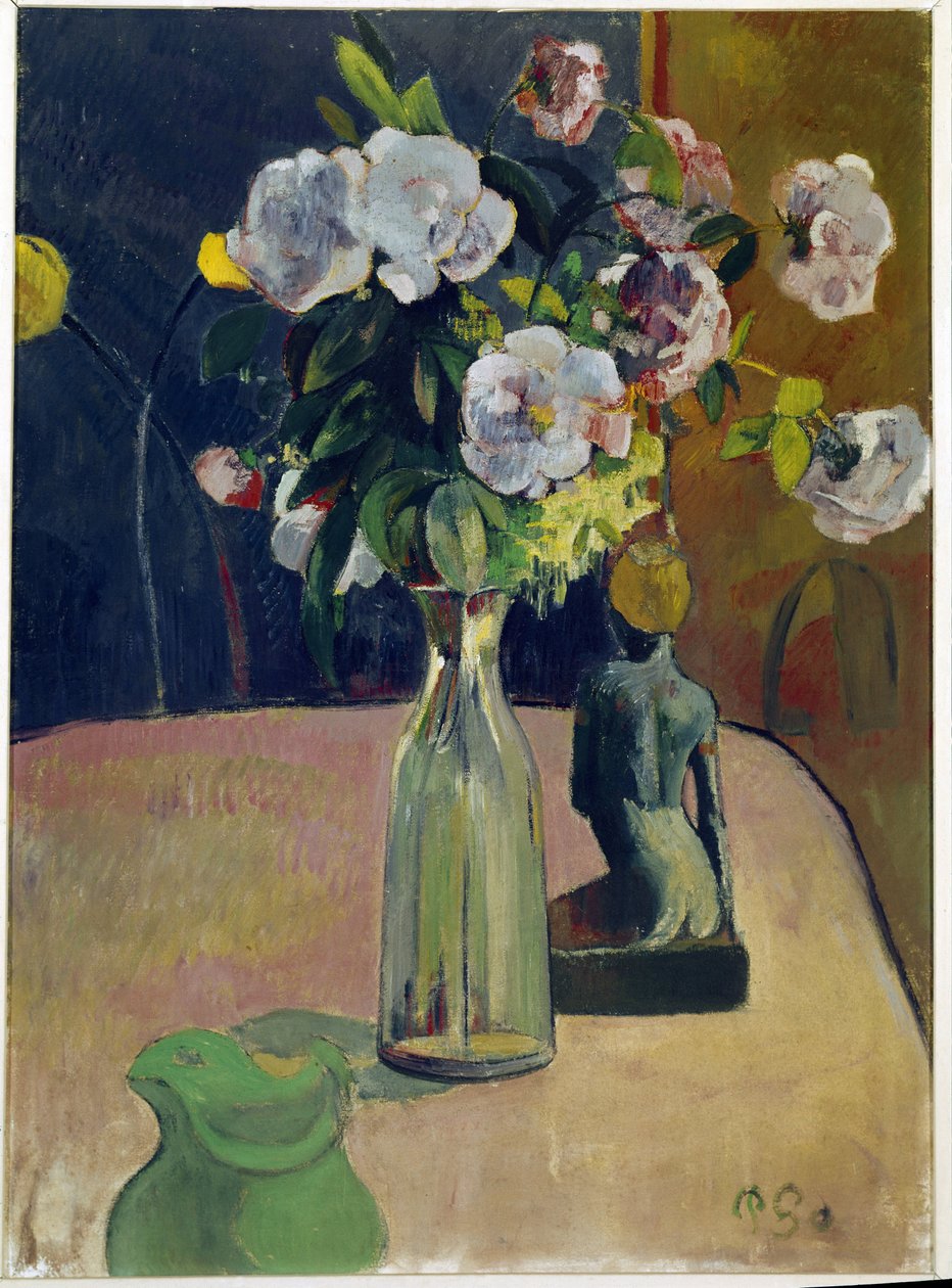 Asetelma ruusuilla ja patsas (öljy kankaalle tekijältä Paul Gauguin