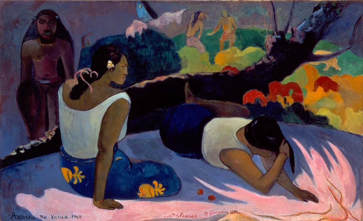 Tahitilainen:  Arearea no varua ino Reclining Tahitian Women or The Amusement of the Evil Spirit (Tahitilaiset naiset tai pahan hengen huvitukset) tekijältä Paul Gauguin