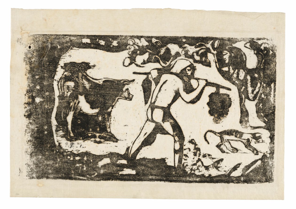 Tahitilaiset kantavat banaanit, sarjasta Late Wood-Block Prints tekijältä Paul Gauguin