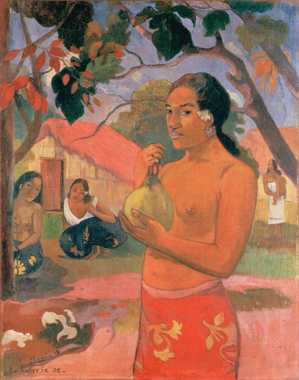 Tahitilainen:  Ea haere ia oe (A haere ia oe) Where Are You Going, tai Woman Holding a Fruit (Nainen, jolla on hedelmä). tekijältä Paul Gauguin