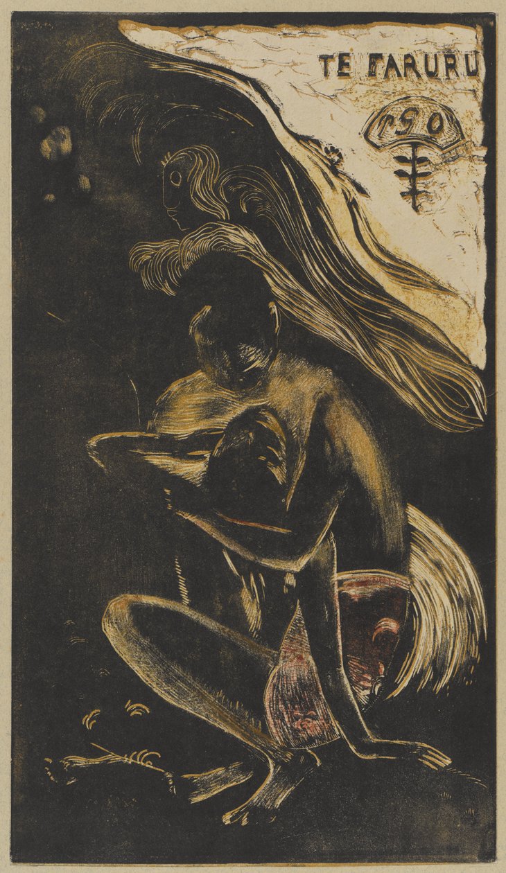 Te Faruru (Here We Make Love), talvi 1893-94 (puupiirros, painettu mustalla, vaaleanruskealla, keltaisella ja punaisella kermanväriselle paperiarkille, kiinnitetty beigen kartongin päälle). tekijältä Paul Gauguin