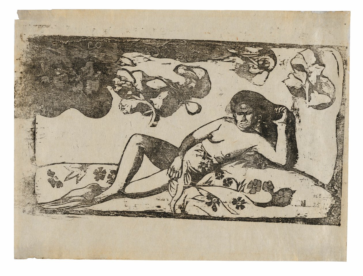 Te arii vahine-opoi (Nainen mangojen kanssa väsyneenä), myöhäisten puupiirrosten sarjaan kuuluvasta sarjasta. tekijältä Paul Gauguin