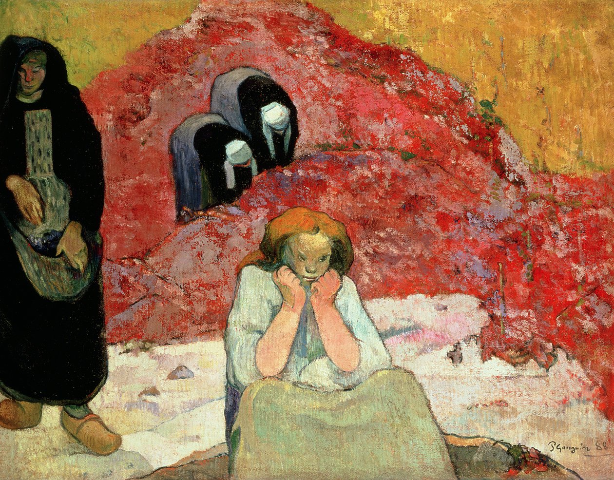 Viinirypäleiden sadonkorjuu Arlesissa. "Miseres Humaines", 1888 (öljy juuttisäkille). tekijältä Paul Gauguin