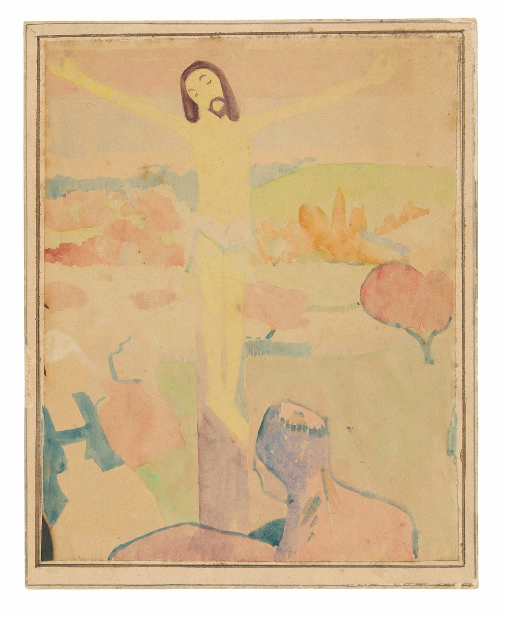 Keltainen Kristus (etusivu), nainen ui purossa kahlaamassa (etusivu) tekijältä Paul Gauguin
