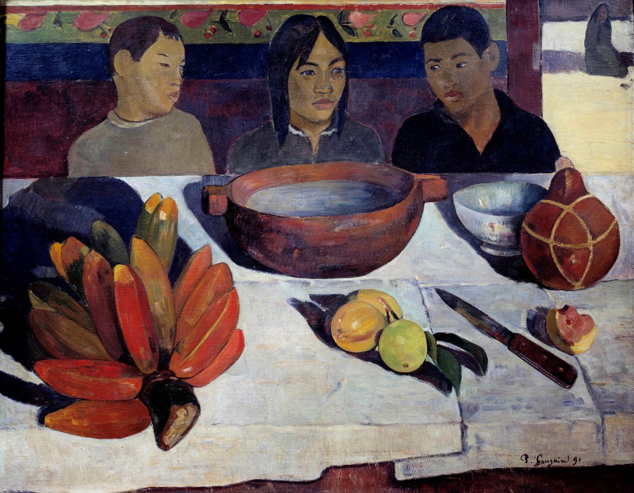 Ateria tai banaanit Young Tahitian pöydässä. Paul Gauguinin (1848-1903) maalaus 1891 Su. 0,73 x 0,92 m Pariisi, musee d