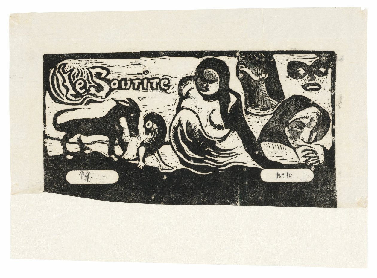 Kolme ihmistä, naamio, kettu ja lintu, Le souriren päähine tekijältä Paul Gauguin