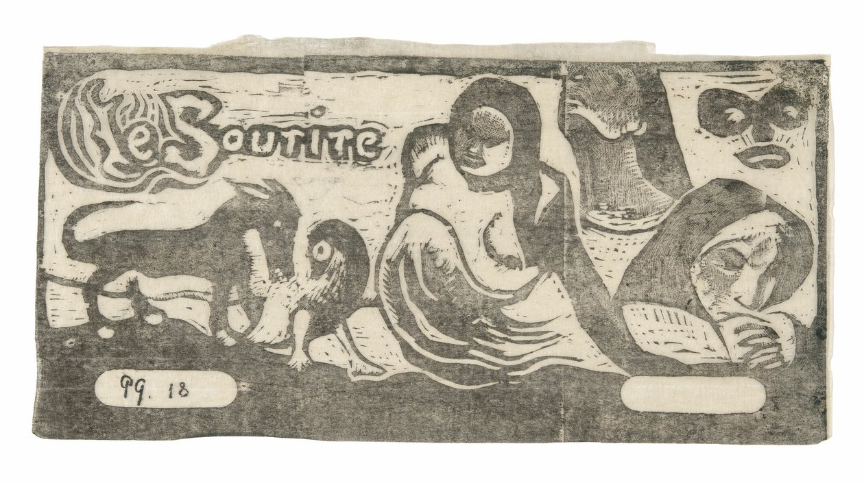 Kolme ihmistä, naamio, kettu ja lintu, Le souriren päähine tekijältä Paul Gauguin
