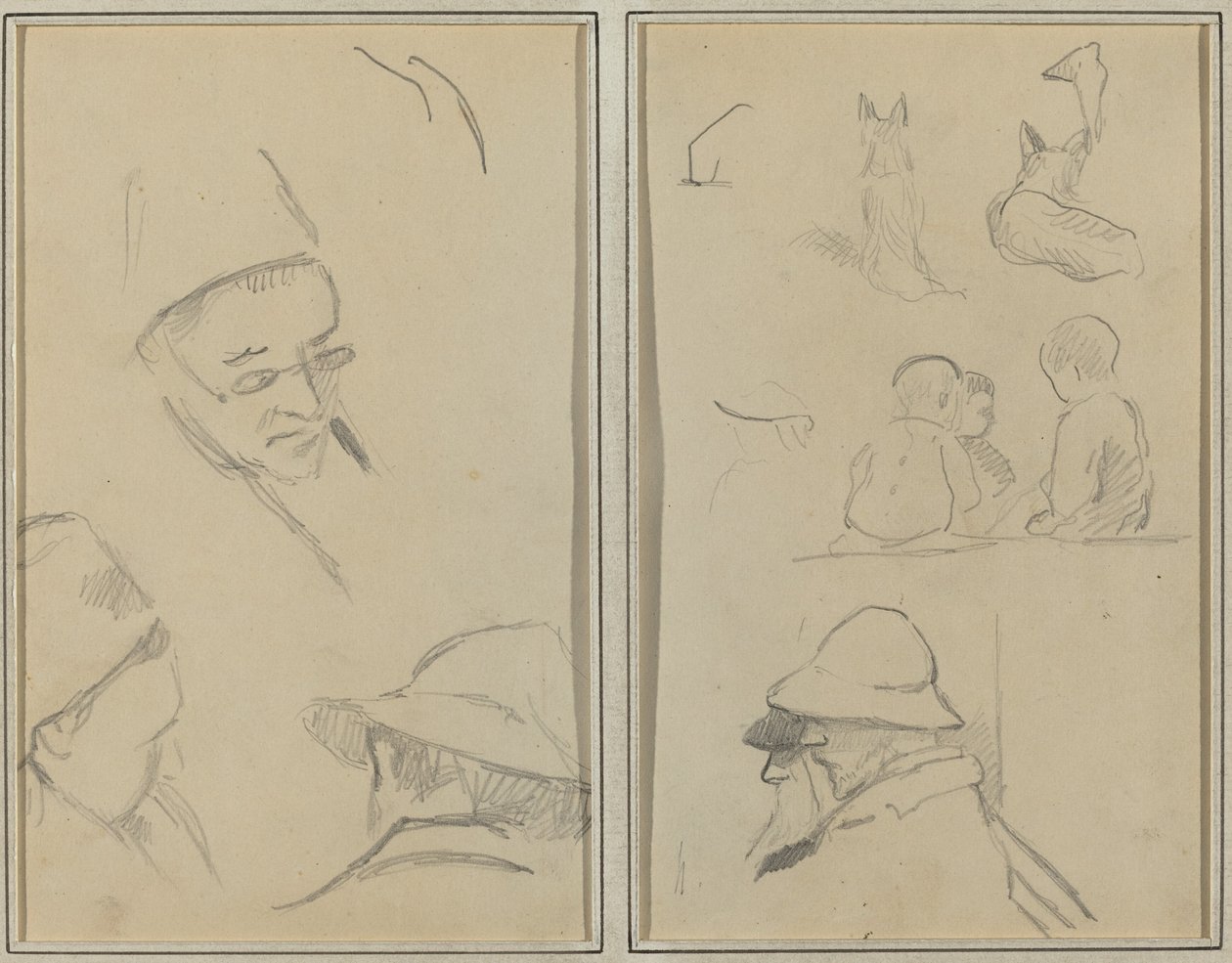 Kolme tutkimusta miesten päistä, yksi silmälasien kanssa; Koirat, lapset ja kaksi parrakasta miestä profiilissa [verso] tekijältä Paul Gauguin
