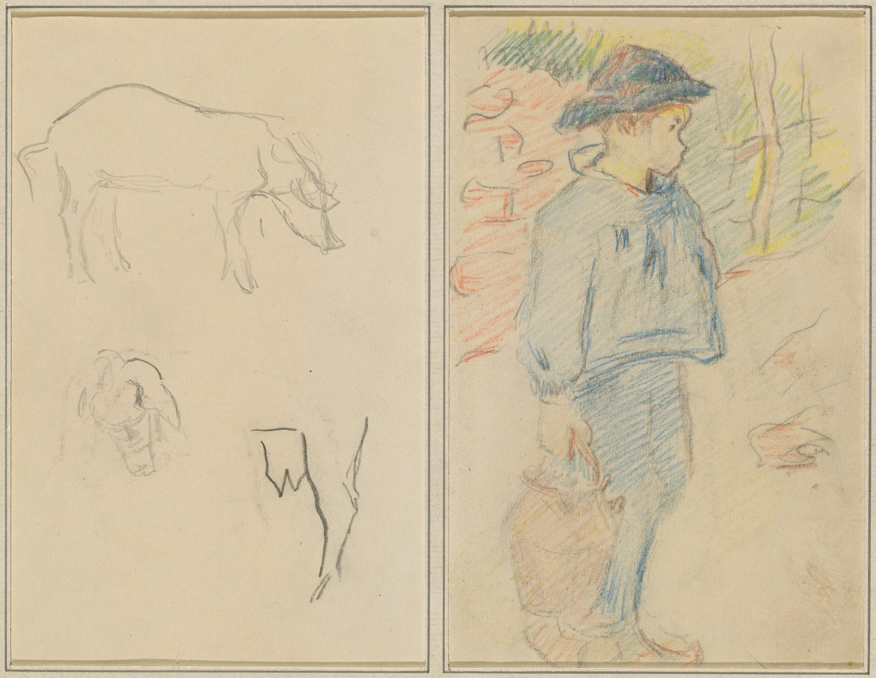 Kolme tutkimusta sikasta; Bretonipoika kävelee kannun kanssa [recto] tekijältä Paul Gauguin