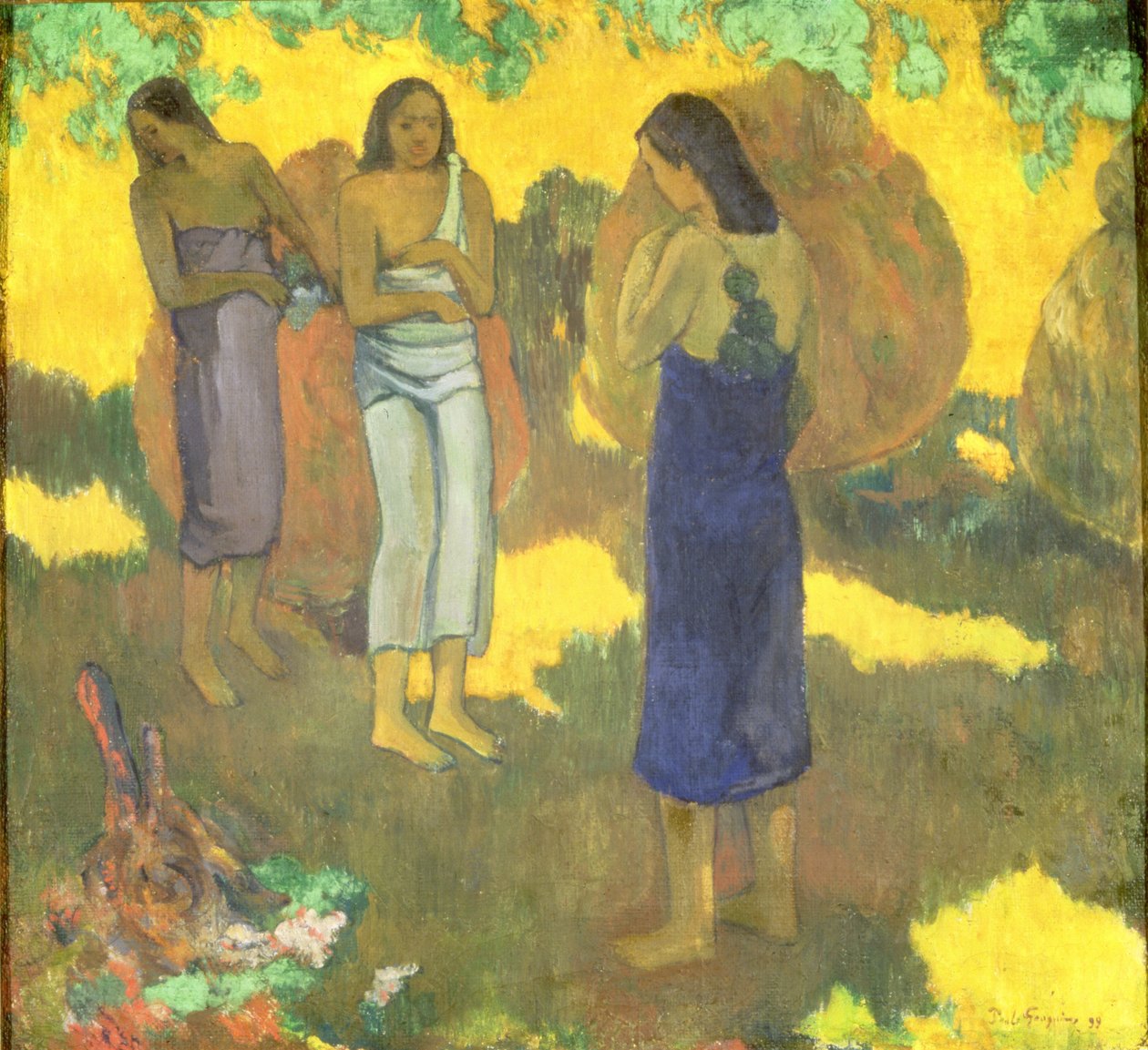 Kolme tahitilaista naista keltaista taustaa vasten tekijältä Paul Gauguin