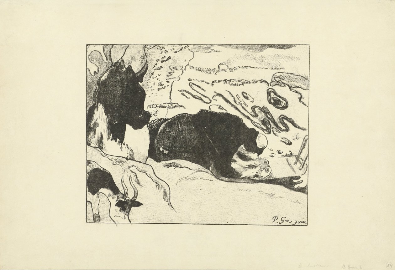 Kaksi pesijaa pesee vaatteita veden lähellä Les Lavandieres tekijältä Paul Gauguin
