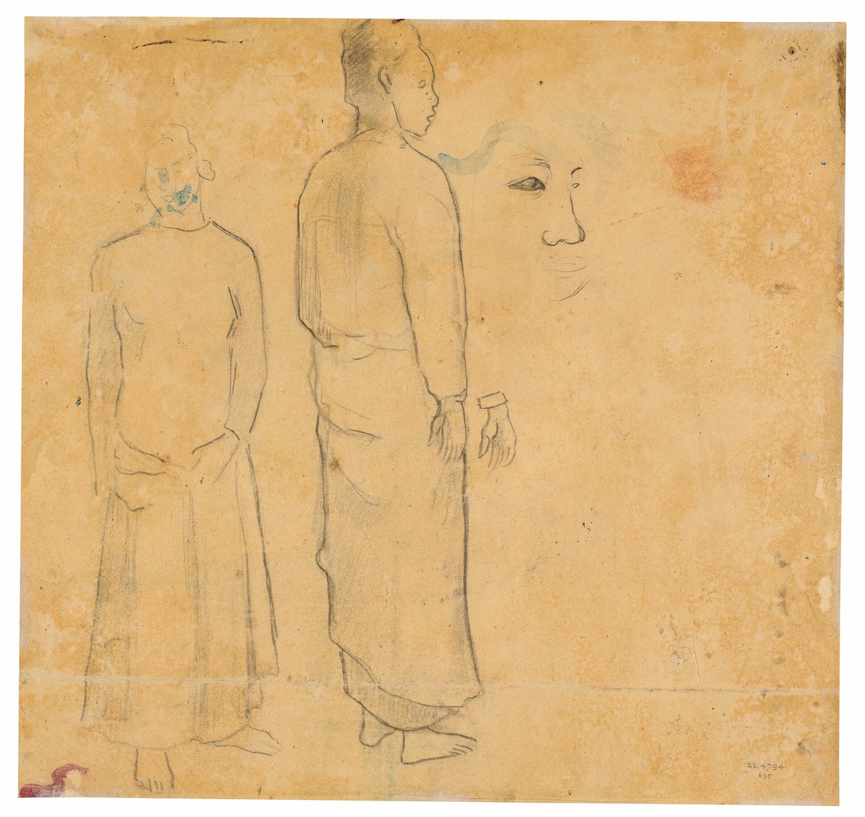 Kaksi hahmoa (liittyy maalaukseen Tahitin maisema) tekijältä Paul Gauguin