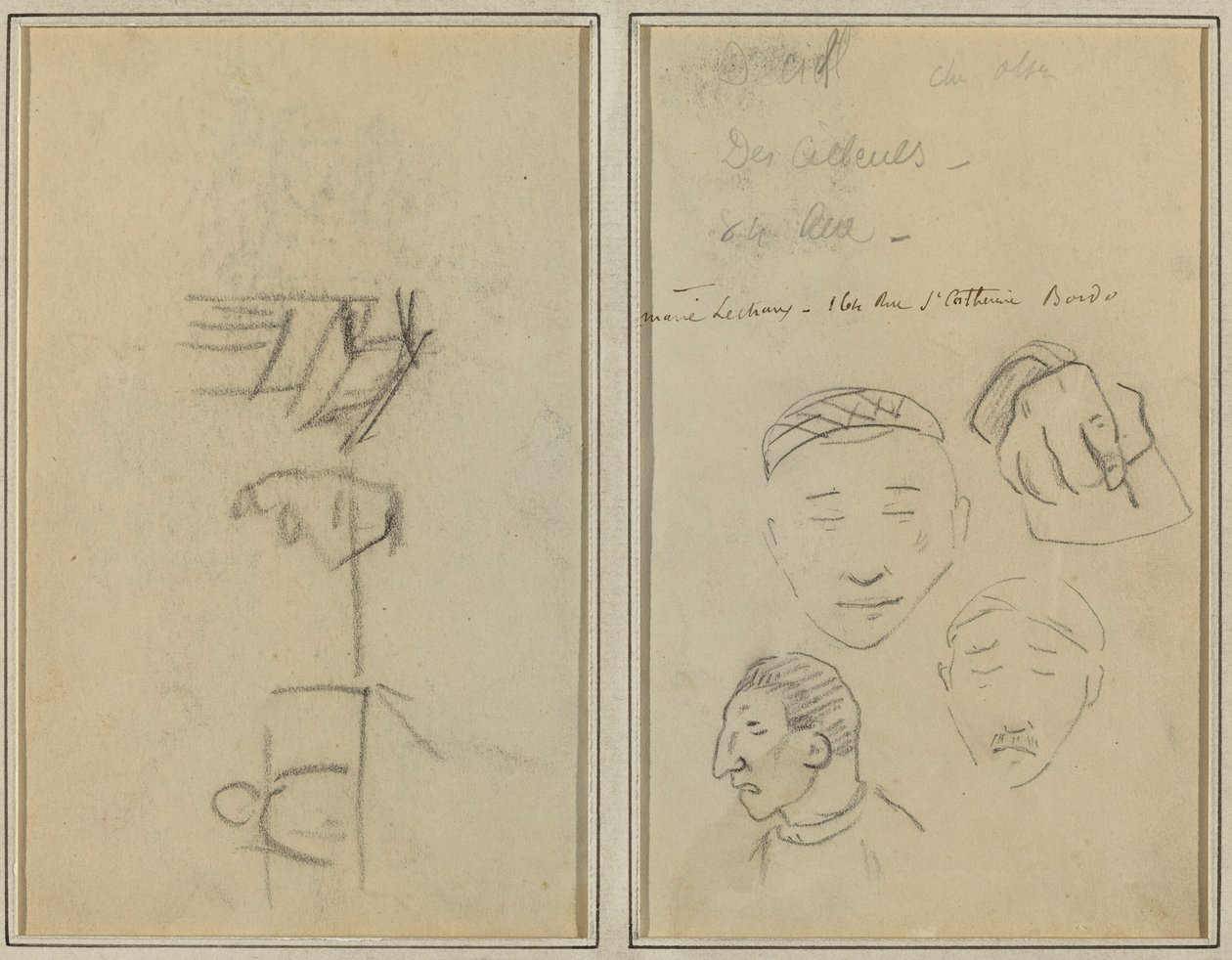 Kaksi hahmoa ja penkki; Kolme tutkimusta miesten päistä ja yhdestä kädestä [recto] tekijältä Paul Gauguin