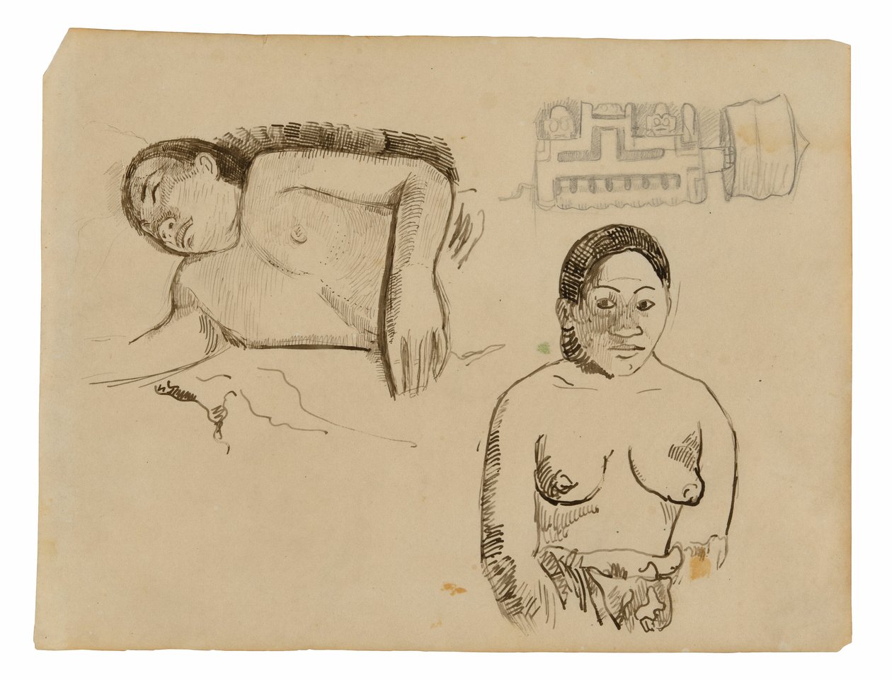Kaksi tahitilaista naista ja marquesalainen korvatulppa tekijältä Paul Gauguin