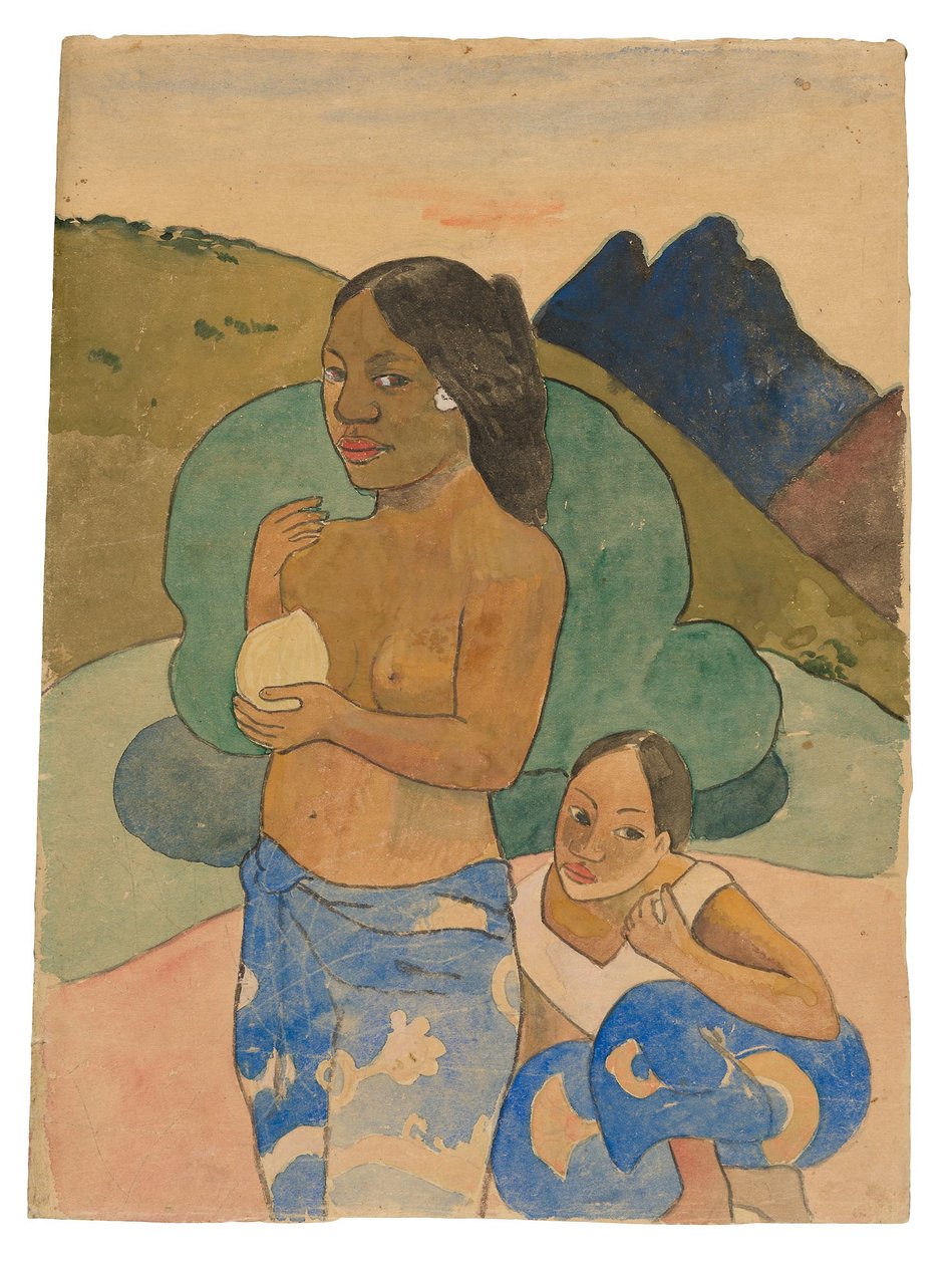 Kaksi tahitilaista naista maisemassa, n. 1892 (akvarelli ja guassi) tekijältä Paul Gauguin