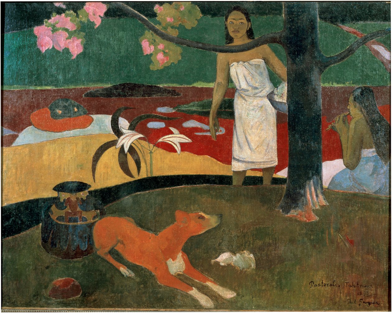 Kaksi tahitilaista naista ja koira. (Tahitilainen pastoraali). Paul Gauguinin maalaus (1848-1903) tekijältä Paul Gauguin