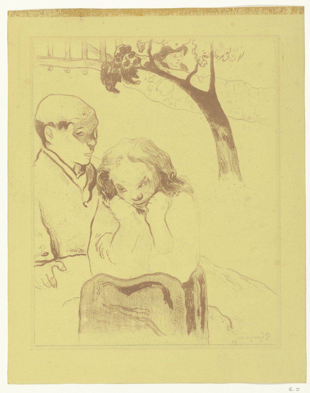 Surullinen nainen istuu miehen kanssa Inhimillinen kärsimys Miseres humaines tekijältä Paul Gauguin